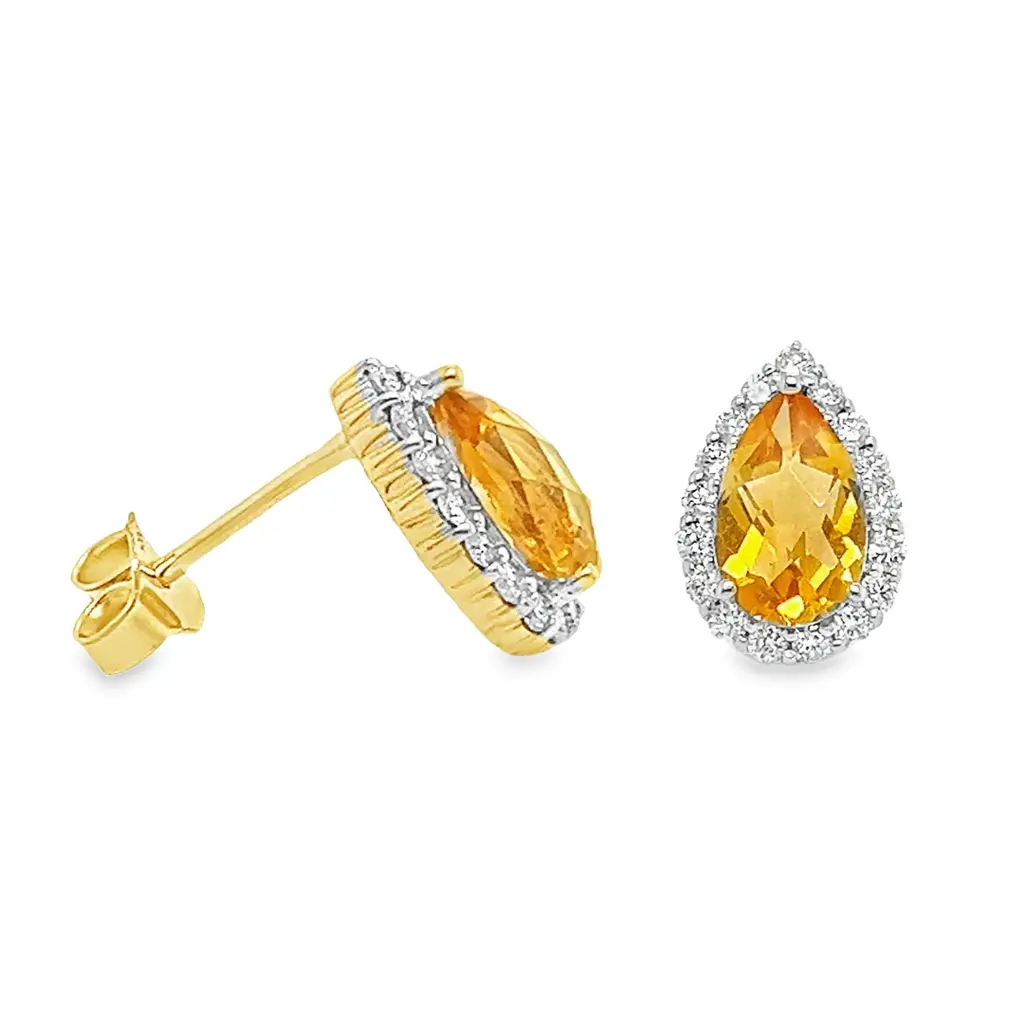 [GOE2191] Geelgouden oorstekers met Citrien pear 8x5mm en 0,34ct Diamant