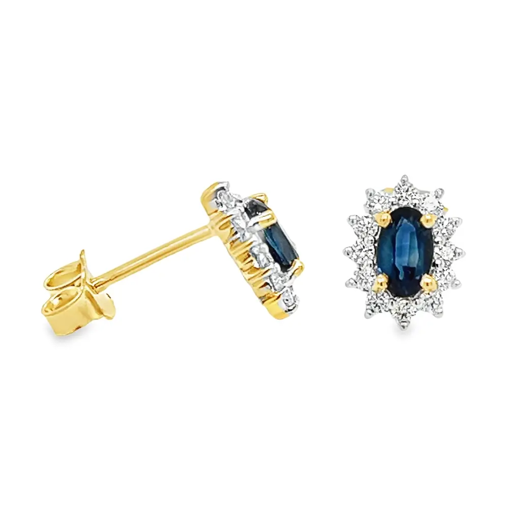 [GOE2192] Geelgouden oorstekers met Saffier 5x3mm en 0,24ct Diamant