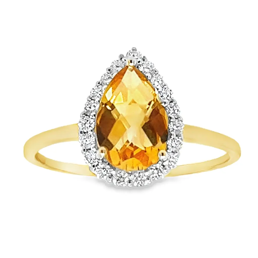 [GRE2191-52] Geelgouden ring met Citrien pear 9x6mm en 0,19ct Diamant (16,5 / 52)