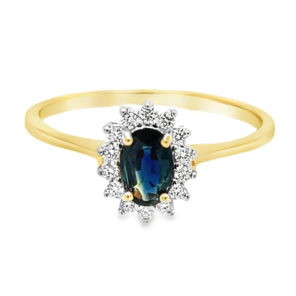 [GRE2192-52] Geelgouden ring met Saffier 6x4mm en 0,14ct Diamant (16,5 / 52)