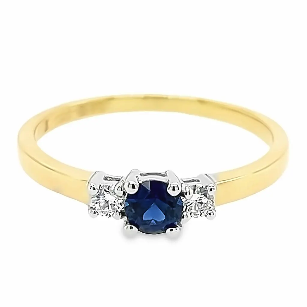 [GRE1532-52] Bicolor gouden ring met 4MM Saffier en 0,11ct Diamant (16,5 / 52)