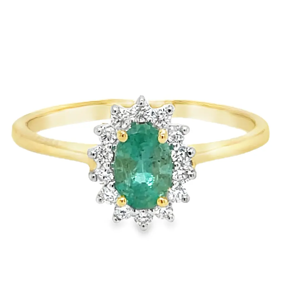 [GRE2259-52] Geelgouden ring met Smaragd 6x4mm en 0,14ct Diamant (16,5 / 52)