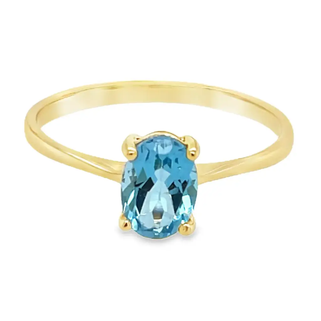 Geelgouden ring met Swiss Blue Topaas 7x5mm