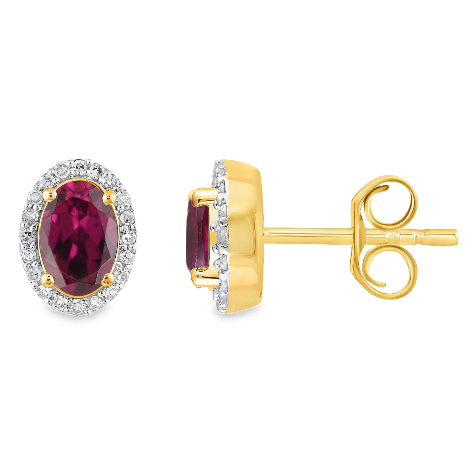 Geelgouden oorstekers met Rhodolite 6x4mm en 0,06ct Diamant