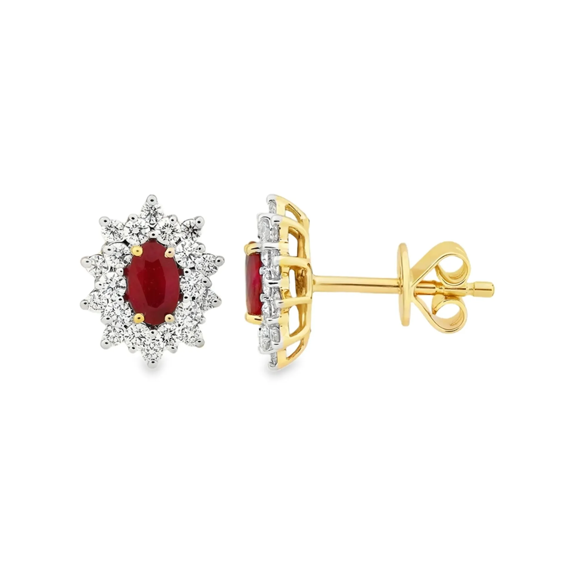 Geelgouden oorstekers met Robijn en 0,52ct Diamant