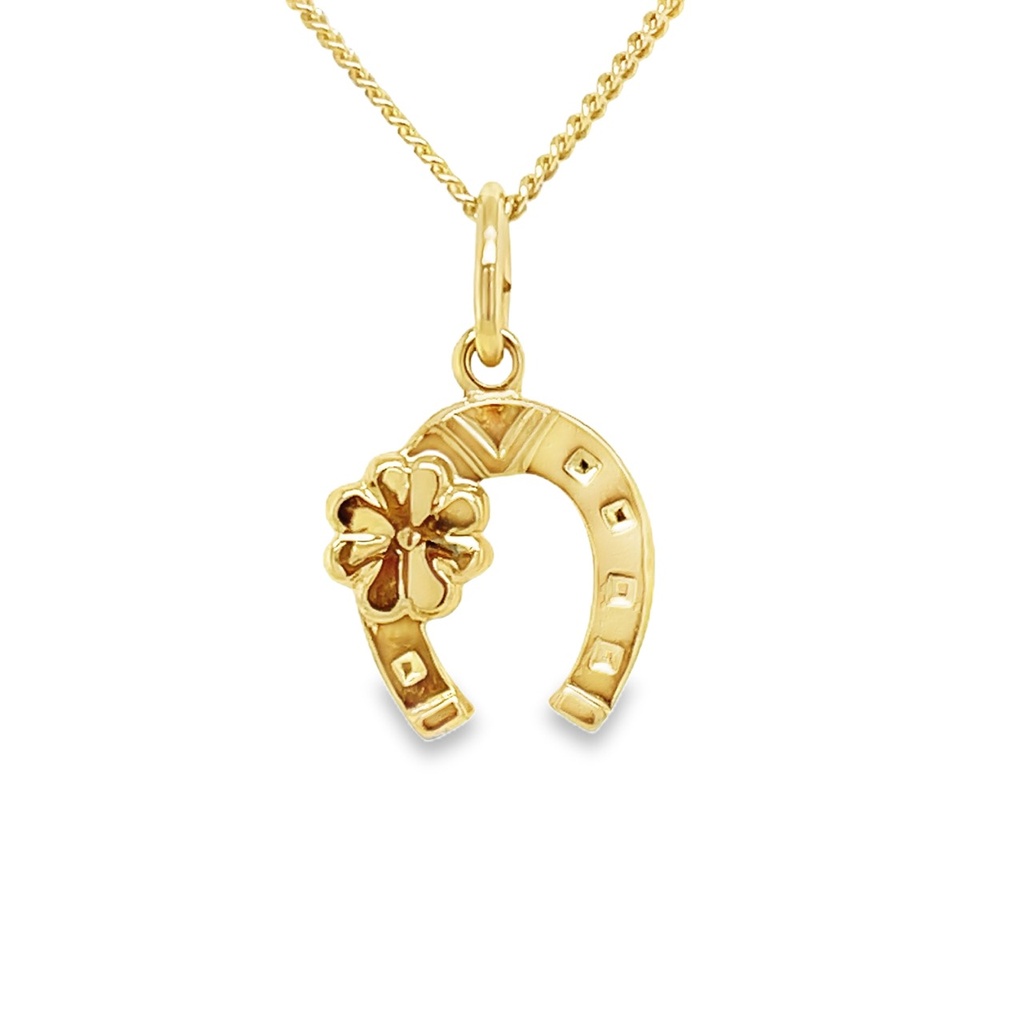 Geelgouden hanger Hoefijzer met klein Klavertje 9,7mm breed