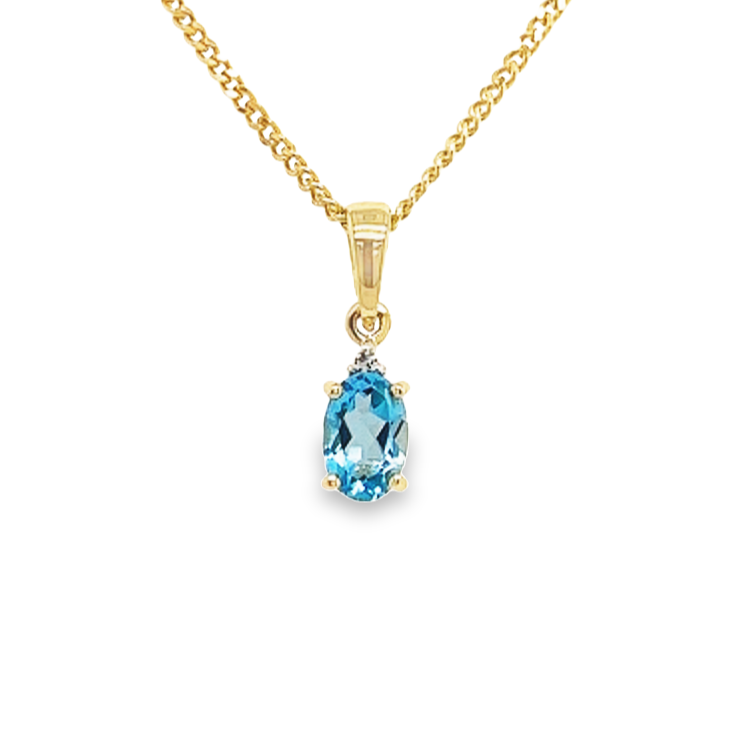 Geelgouden hanger met Swiss Blue Topaas en Diamant