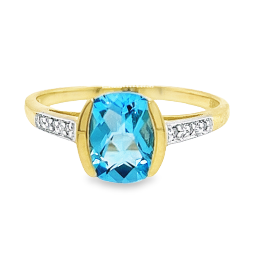 Geelgouden ring met kleursteen Swiss Blue topaas en Diamant