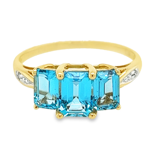 [GRE1422-55] Geelgouden ring met kleursteen Swiss Blue topaas en Diamant